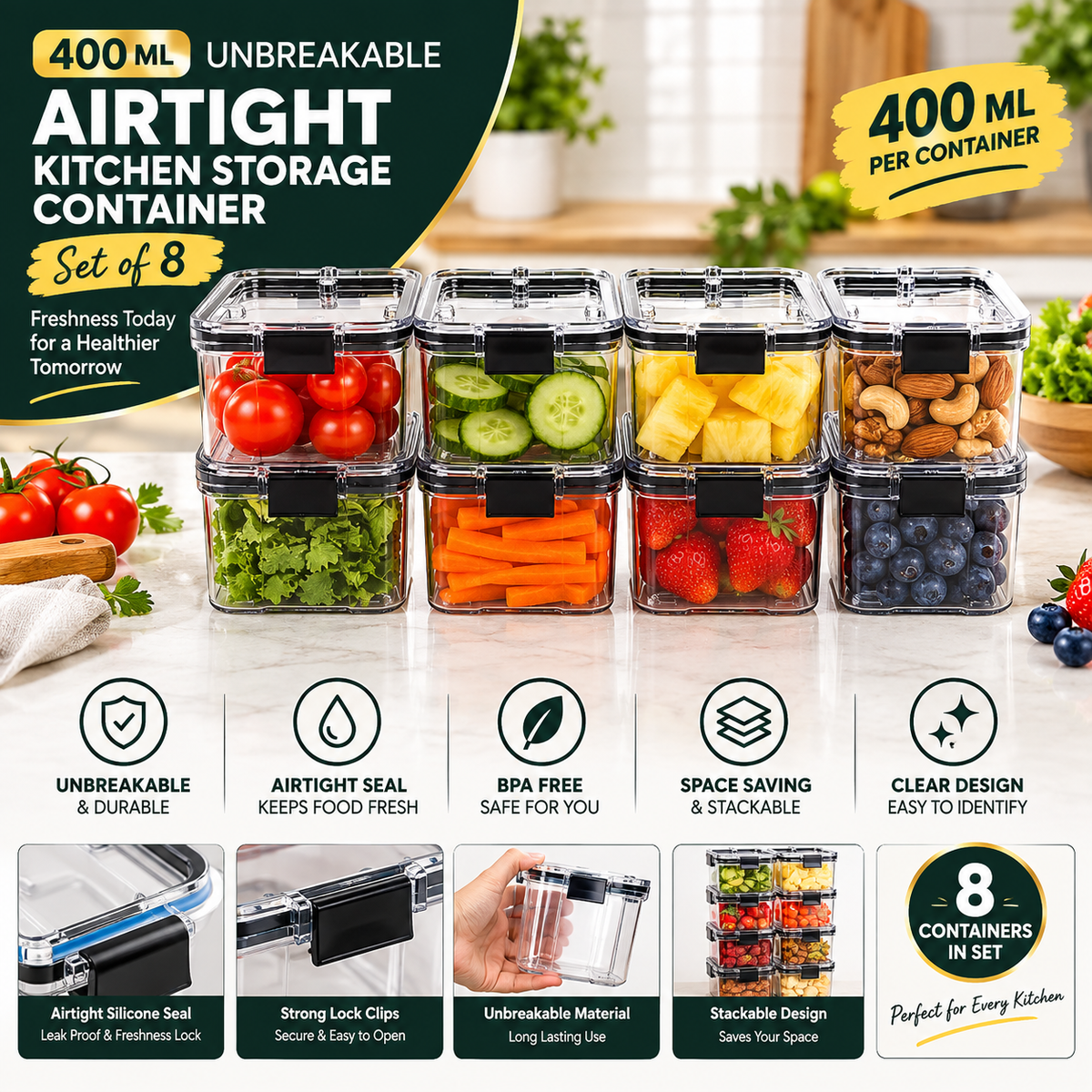 400 ML Airtight Kitchen Storage Container Set of 8